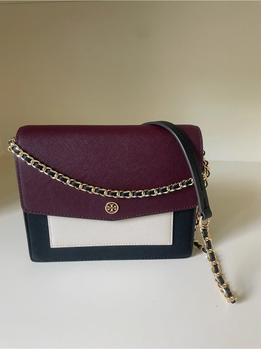 Tory Burch Tricolor Leather Chain Crossbody - Burgundy, Black & Cream
